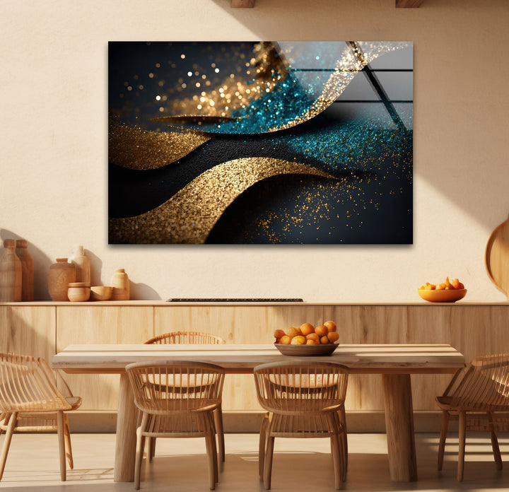 Gold Teal Glitter Wave Wall Art – Luxury Sparkle Abstract Glass Print