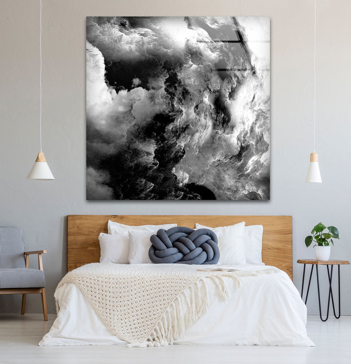 Monochrome Storm Wall Art – Black and White Cloud Glass Print Decor