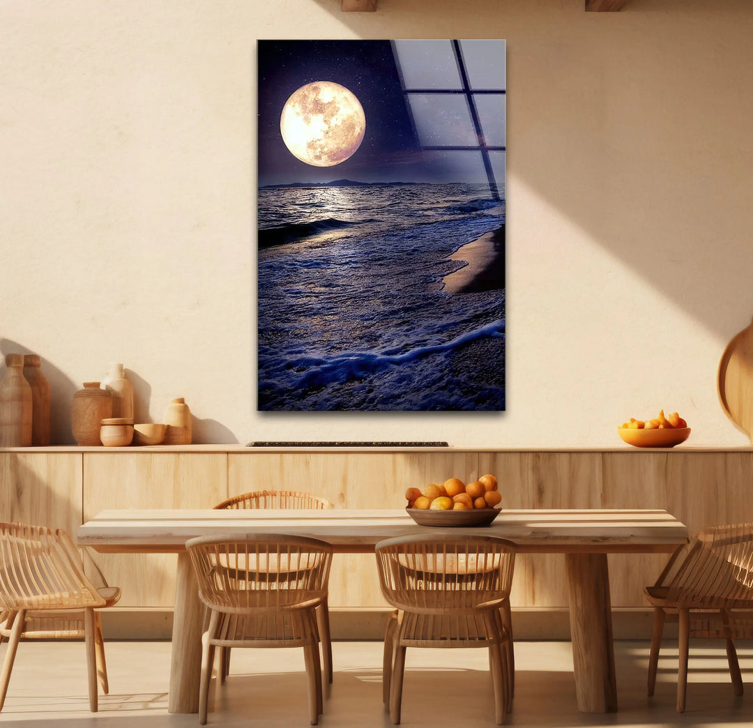 Moonlit Ocean Wall Art – Full Moon Over Waves Glass Print, Night Seascape Decor for Bedroom & Living Room - MyPhotoStation