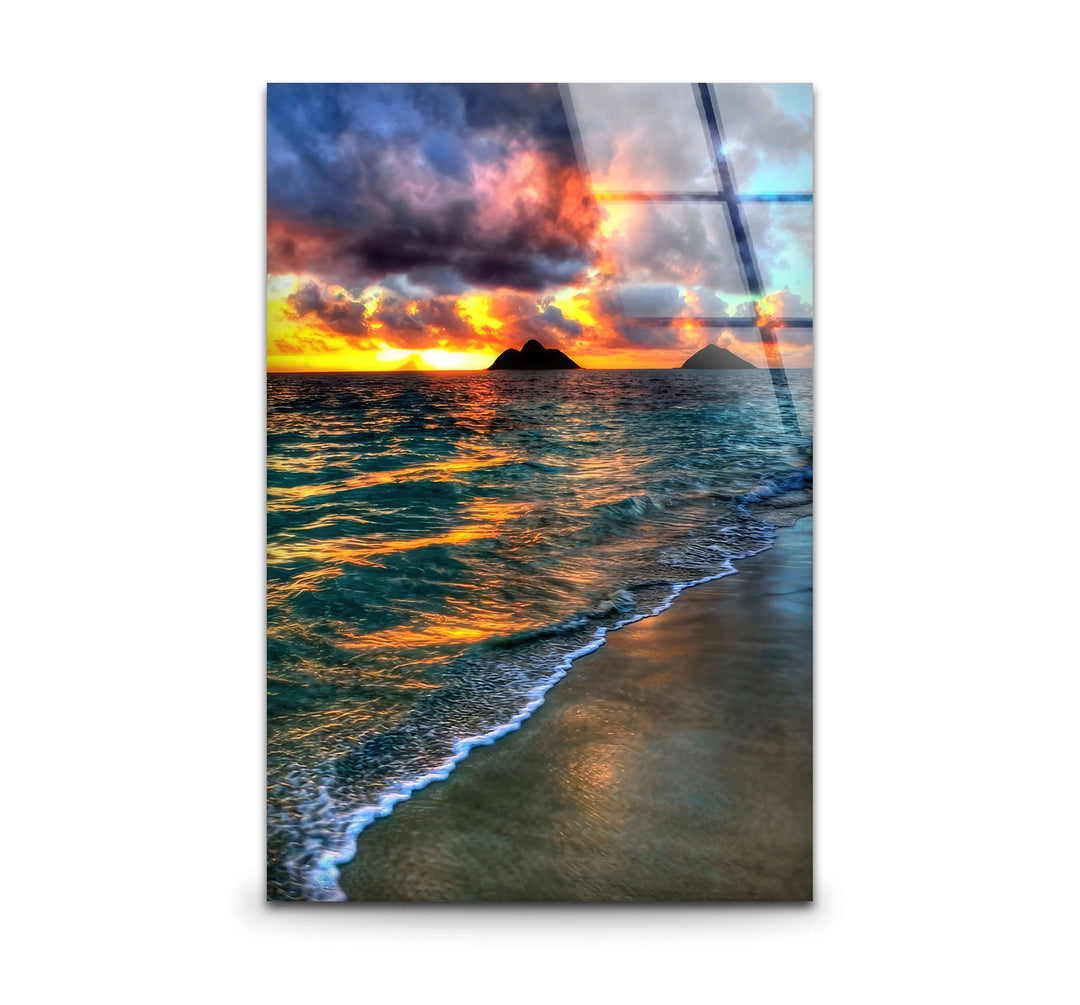 Tropical Sunset Beach Scene – Ocean Wave Glass Wall Art with Island Silhouette - MyPhotoStation