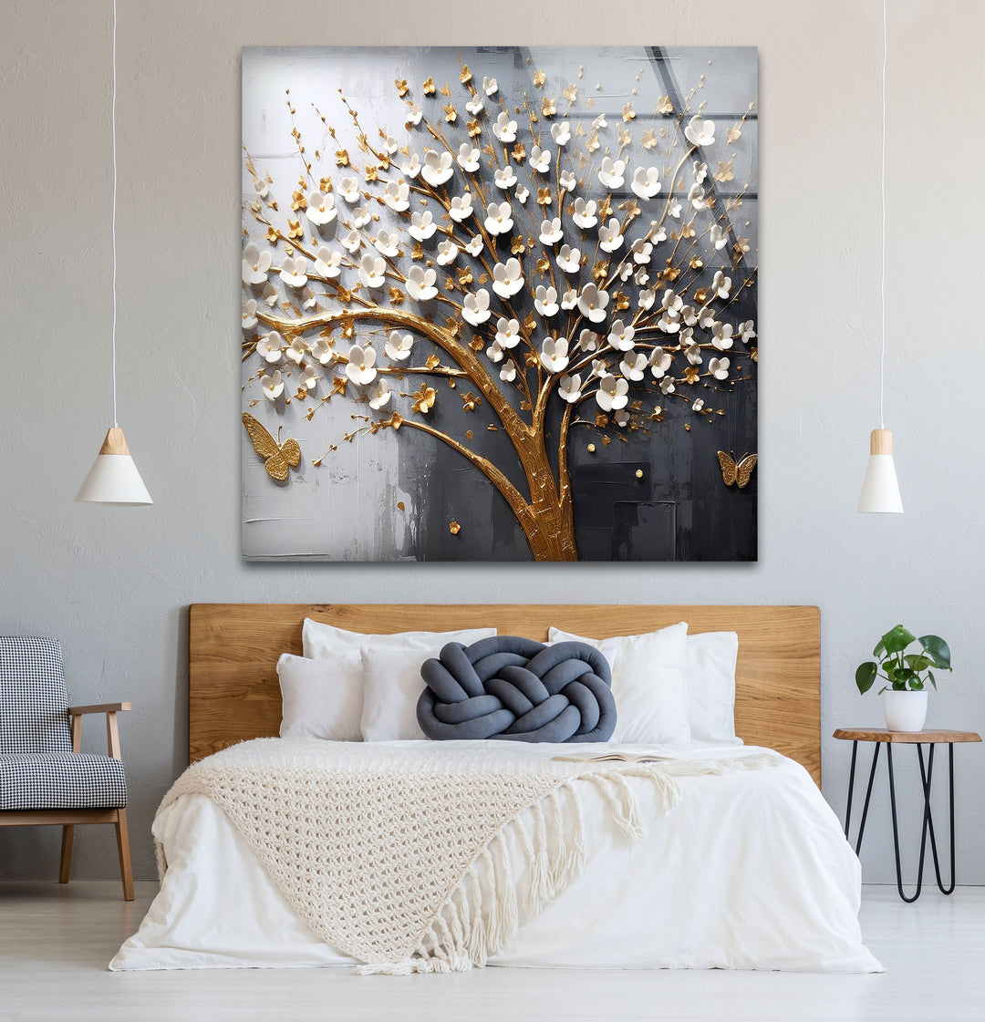 Golden Cherry Blossom Tree Wall Art – 3D Floral Glass Print with Butterflies