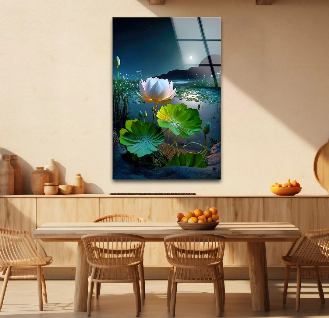 Moonlit Lotus Flower Glass Wall Art – Serene Night Lake Scene for Tranquil Home Decor - MyPhotoStation