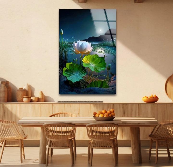 Moonlit Lotus Flower Glass Wall Art – Serene Night Lake Scene for Tranquil Home Decor - MyPhotoStation