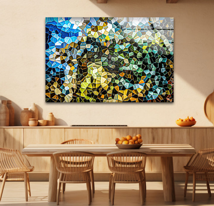 Abstract Mosaic Landscape Glass Wall Art – Colorful Geometric Nature Design
