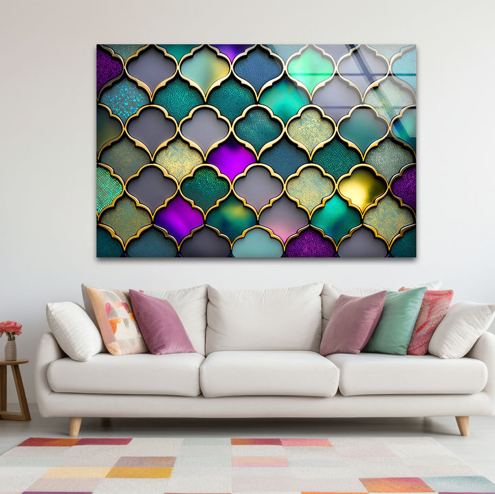 Moroccan Geometric Stained Glass Wall Art – Luxurious Gold & Teal Decor