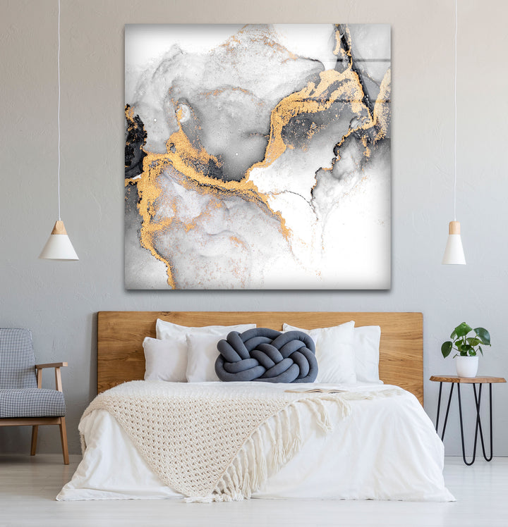 Black White and Gold Abstract Wall Art – Minimalist Glass Print for Modern Decor