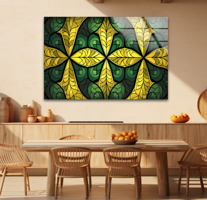 Green & Gold Stained Glass Wall Art – Botanical Geometric Glass Design