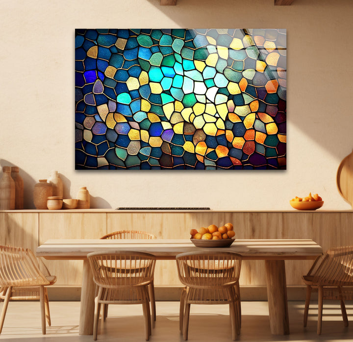 Moderne Wanddekoration aus Buntglas – Abstraktes Mosaikmuster in Blau und Gold
