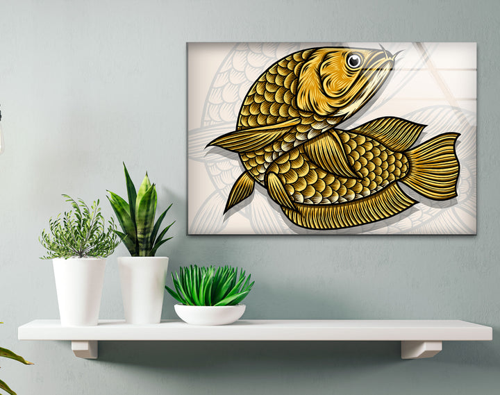 Golden Arowana Fish Wall Art – Elegant Asian-Inspired Glass Print for Modern Interiors and Feng Shui Decor