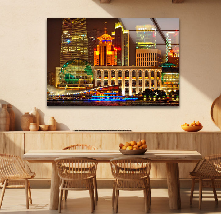 Shanghai Skyline Wall Art – Vibrant City Lights Glass Print for Modern Decor