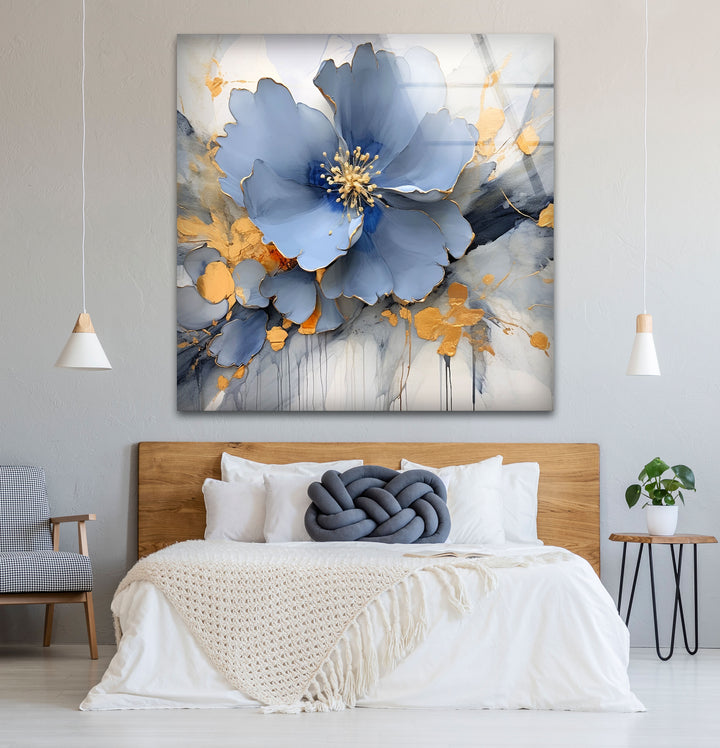 Blue Gold Blossom Wall Art – Elegant Floral Glass Print for Home Décor