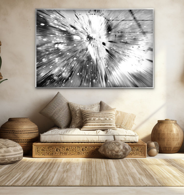 Monochrome Explosion Wall Art – Abstract Black and White Glass Print