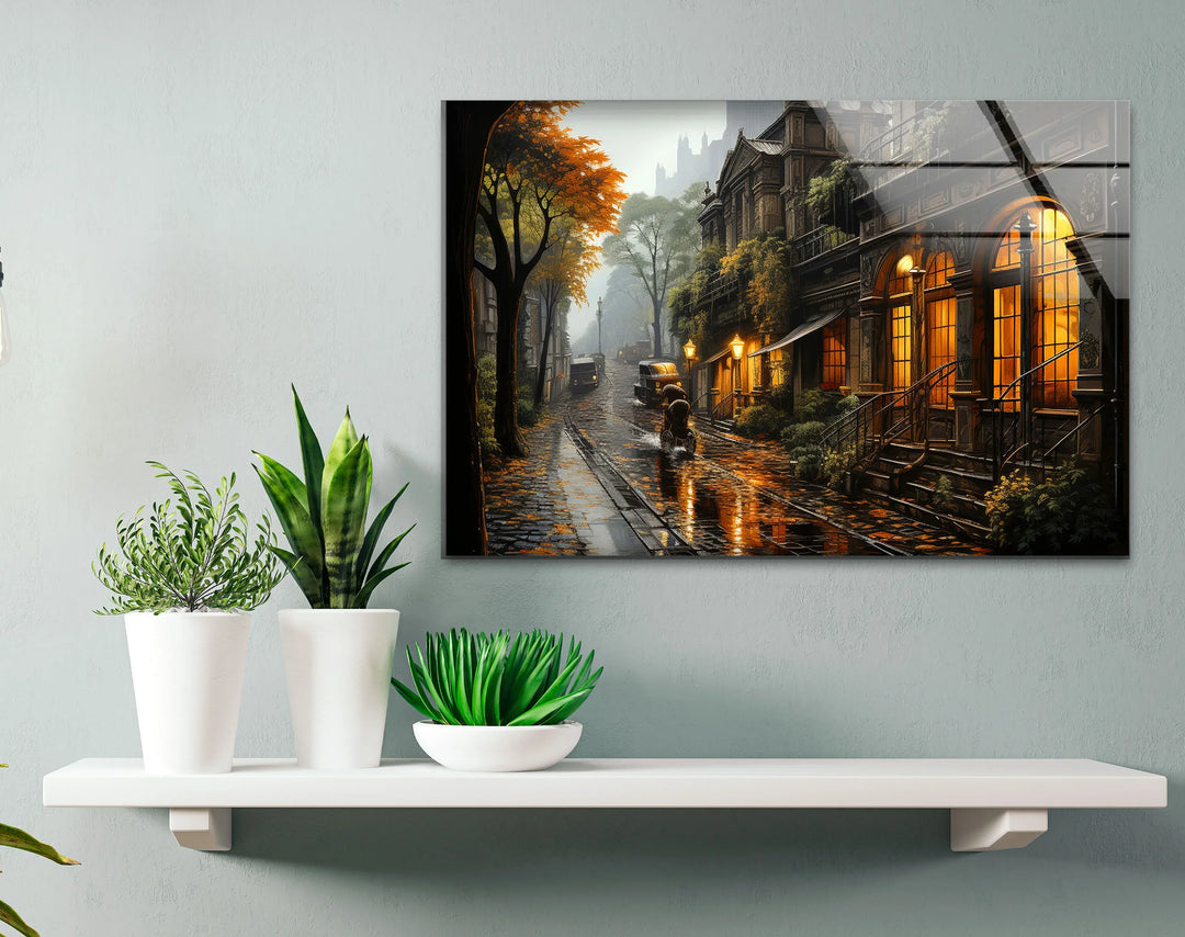 Rainy Vintage Street Wall Art – Warm Autumn Cityscape Glass Print - MyPhotoStation