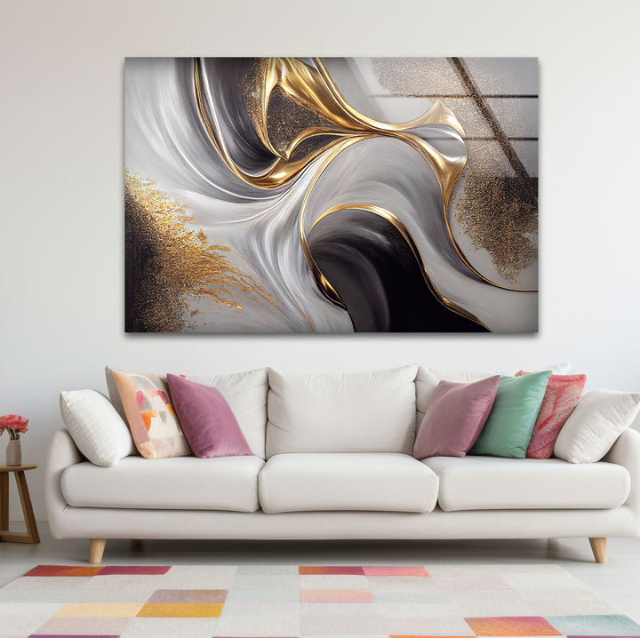 Gold Black White Abstract Wall Art – Elegant Fluid Wave Glass Print for Luxury Interiors