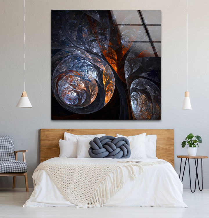 Cosmic Fractal Swirl Wall Art – Dark Abstract Universe Glass Print