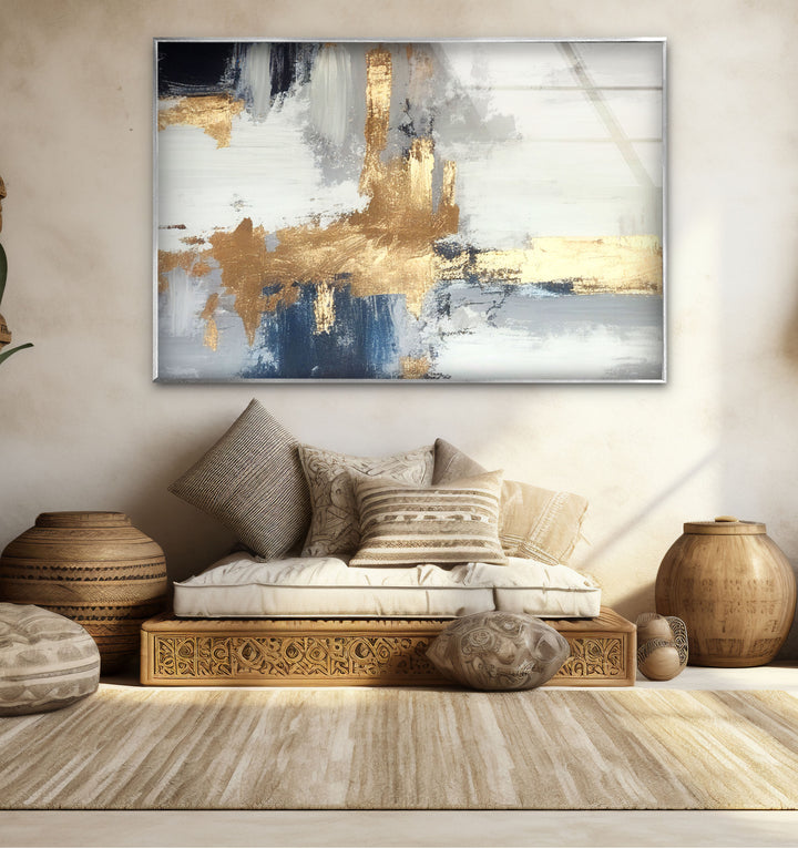 Navy Gold Brushstroke Wall Art – Modern Abstract Glass Print Décor