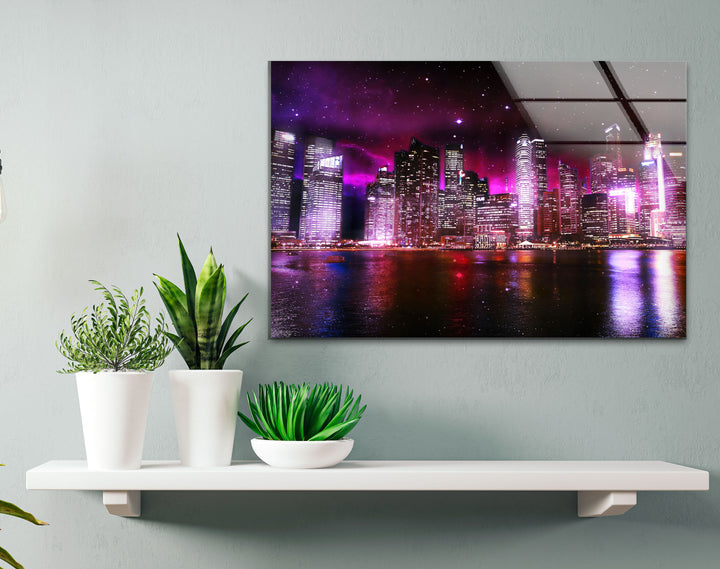 Futuristic Cityscape Wall Art – Neon Skyline Glass Print with Galaxy Night View