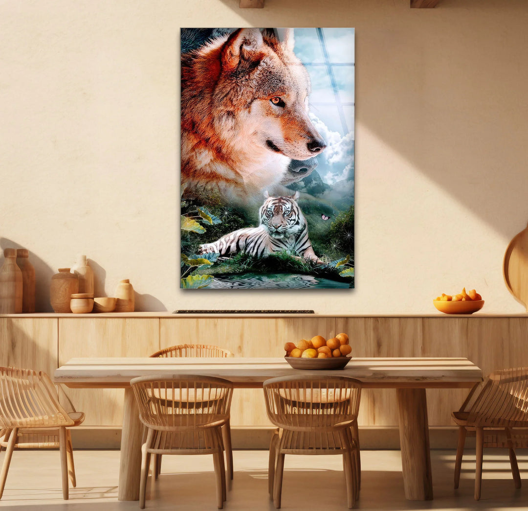 Wolf and White Tiger Wall Art – Majestic Animal Duo Nature Glass Print for Bold Decor - MyPhotoStation