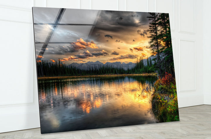 Sunset Lake Wall Art – Serene Forest Landscape Glass Print