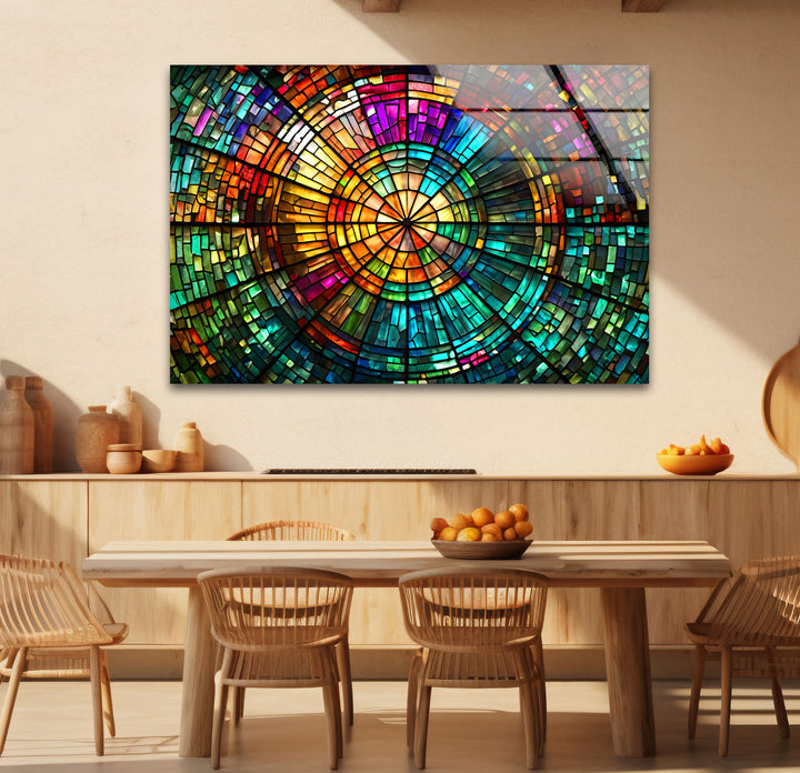 Strahlende Mosaik-Wandkunst aus Buntglas – Farbenfrohes, kreisförmiges Fensterdesign 