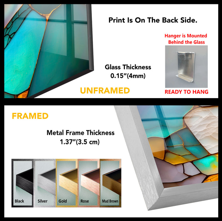 Modern Stained Glass Abstract Wall Art – Teal & Gold Geometric Glass Print