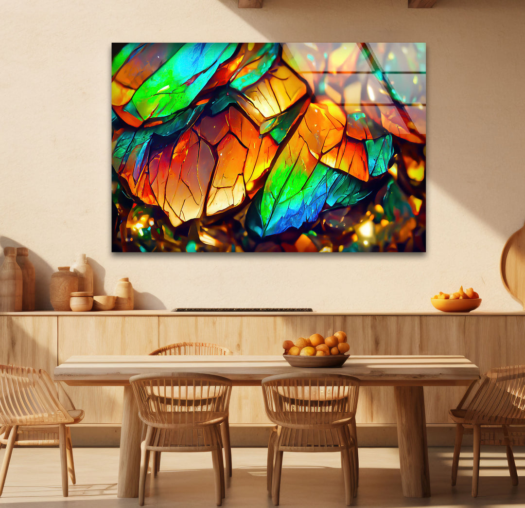 Abstrakte Glaswandkunst mit schillernden Blättern – Lebendiges botanisches Dekor 