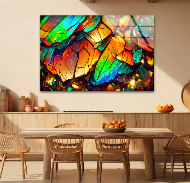 Abstrakte Glaswandkunst mit schillernden Blättern – Lebendiges botanisches Dekor 