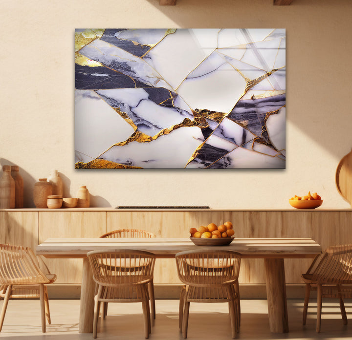 Geometric Marble Wall Art – Lux Gold Vein & Navy Cracked Stone Print for Modern Decor