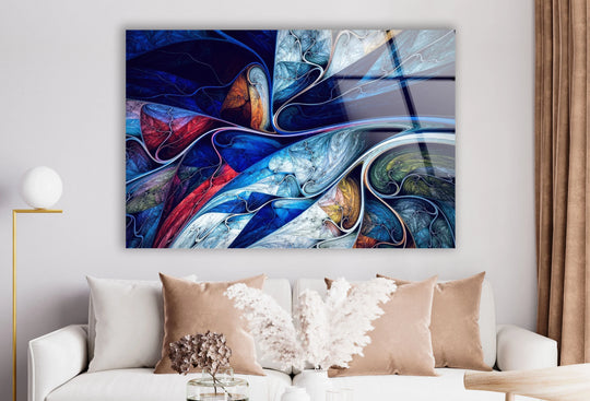 A vibrant abstract glass print showcasing striking color contrast with deep blues, fiery reds, and bright whites.