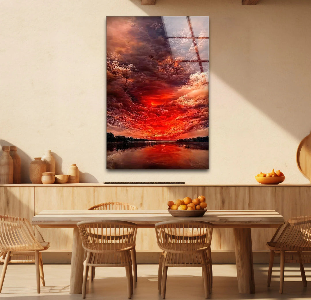Fiery Sunset Sky Glass Wall Art – Dramatic Red Clouds Over Water Landscape - MyPhotoStation