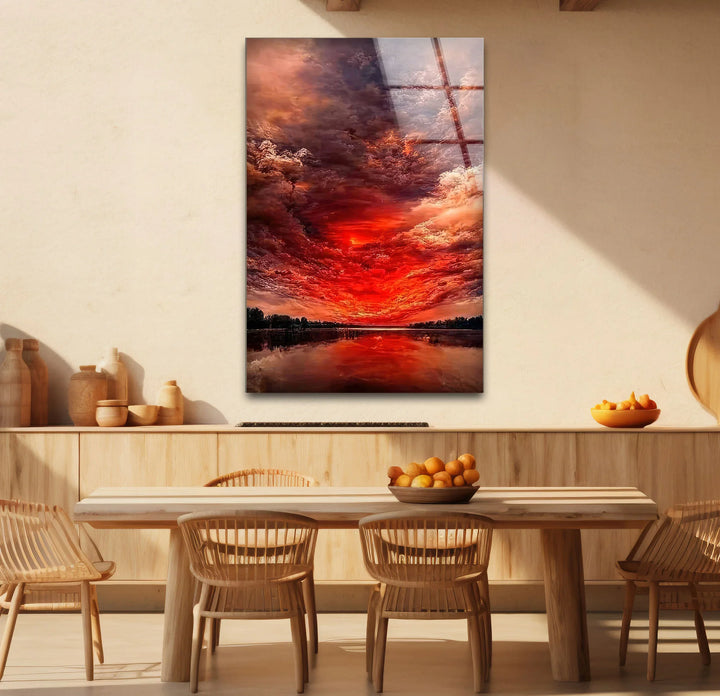 Fiery Sunset Sky Glass Wall Art – Dramatic Red Clouds Over Water Landscape - MyPhotoStation