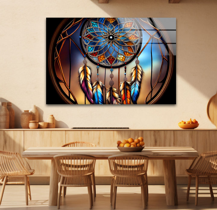 Dreamcatcher Stained Glass Wall Art – Boho Spirit Window Design, Tribal Home Decor