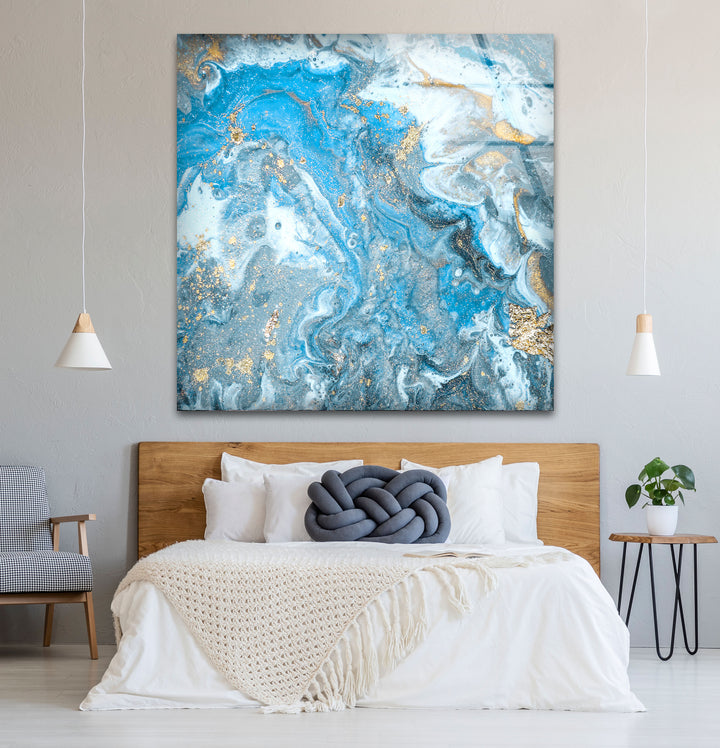 Blue Gold Ocean Marble Wall Art – Elegant Abstract Glass Print Decor