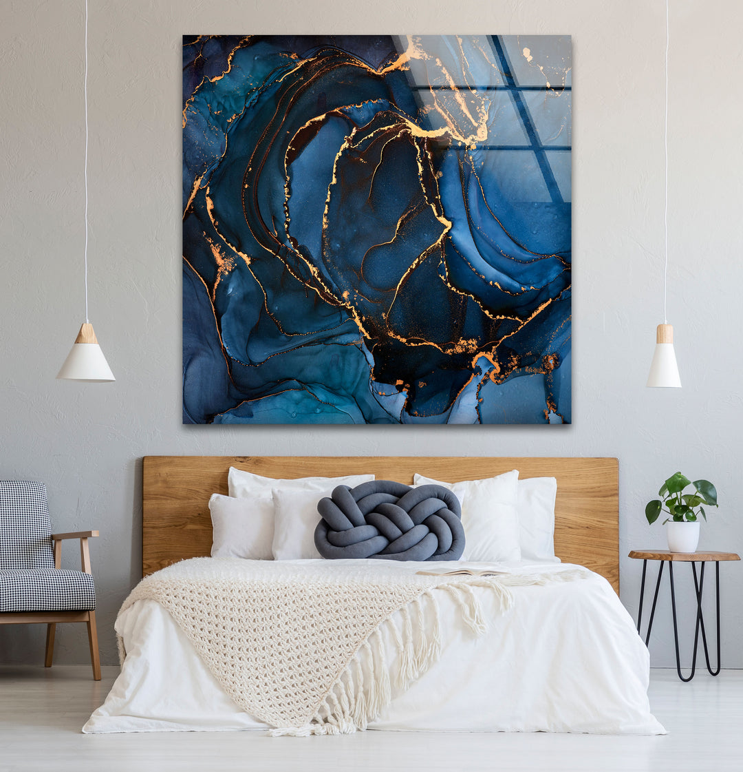 Midnight Blue Gold Abstract Wall Art – Luxury Fluid Ink Glass Print