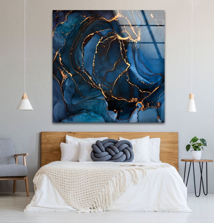 Midnight Blue Gold Abstract Wall Art – Luxury Fluid Ink Glass Print