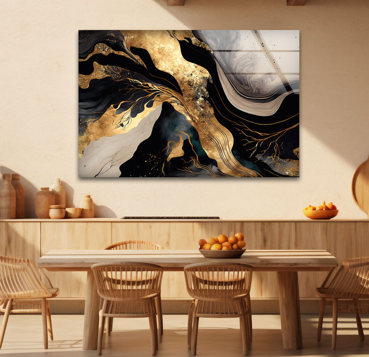 Black & Gold Abstract Glass Wall Art – Luxury Modern Fluid Design