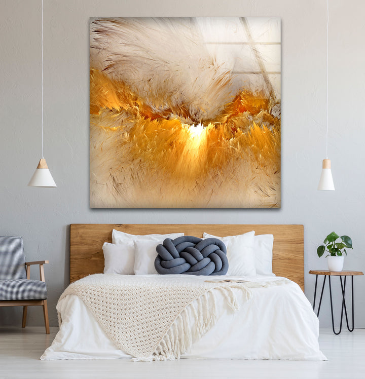 Golden Feather Storm Wall Art – Abstract Light Burst Glass Print