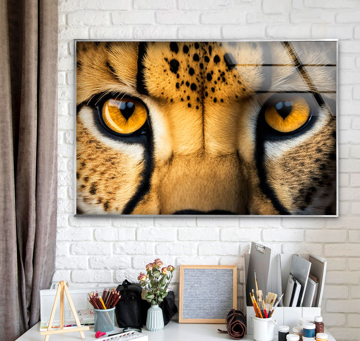 Golden Cheetah Eyes Wall Art – Bold Safari-Inspired Glass Print for Modern Interiors