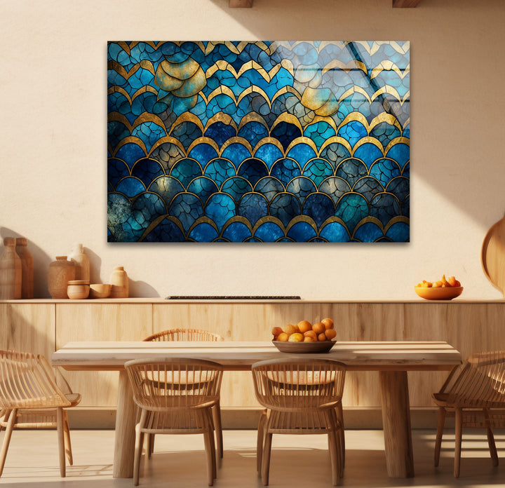 Blau-goldene Wellenmosaik-Glaskunst – Vom Meer inspirierte, rissige Textur 