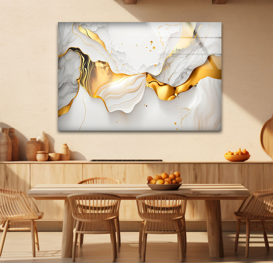 Marble Gold Wave Wall Art – Luxury Abstract Glass Print for Modern Interiors