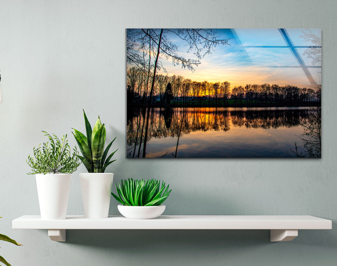 Sunset Forest Reflection Wall Art – Tranquil Lake Glass Print for Nature-Inspired Interiors