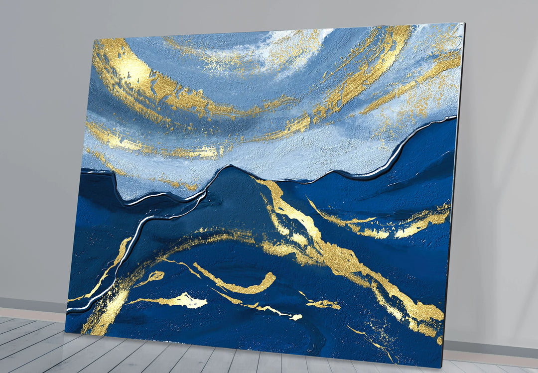 Navy Blue and Gold Abstract Landscape Wall Art – Elegant Glass Print for Modern Living Spaces - MyPhotoStation
