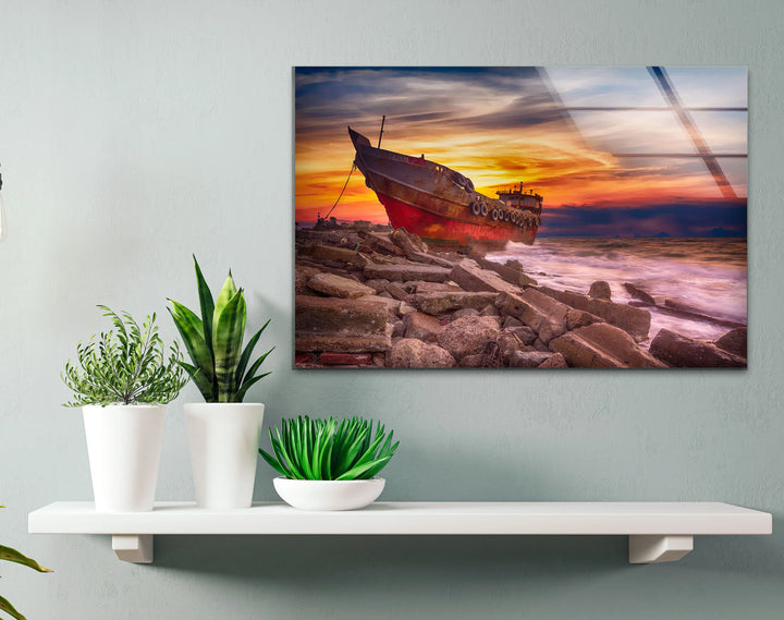 Abandoned Ship Wall Art – Sunset Seascape Glass Print for Nautical Decor - MyPhotoStation