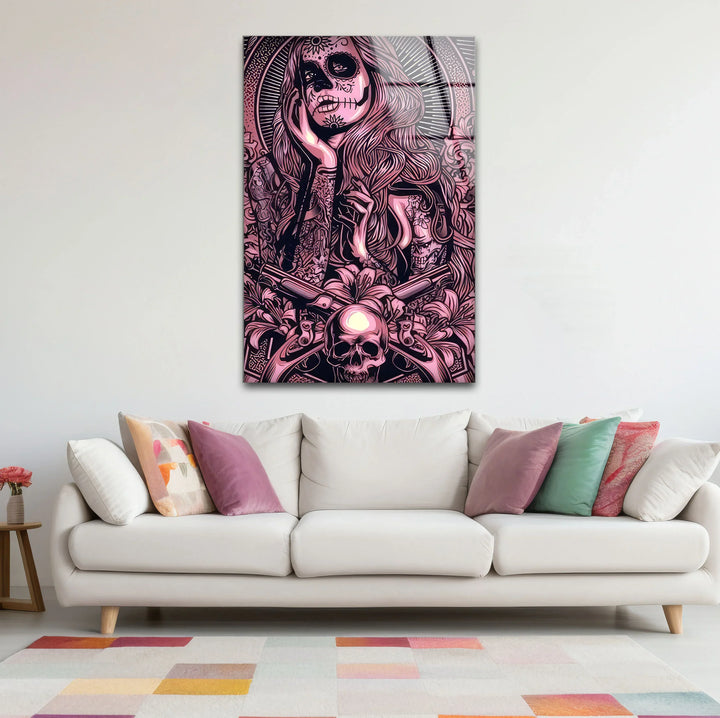 Day of the Dead Gothic Wall Art – Pink Skull Girl with Guns Tattoo Design - MyPhotoStation