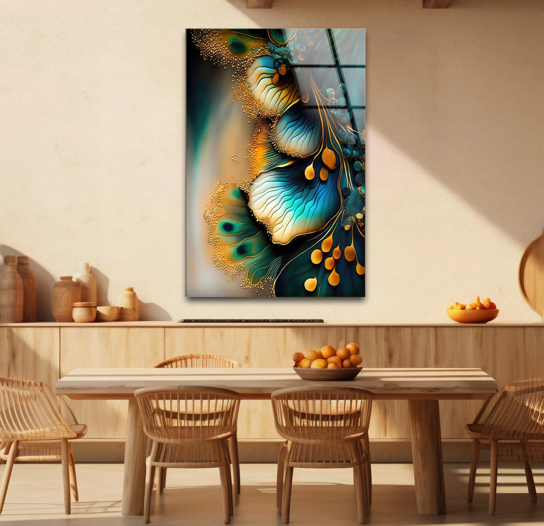 Teal Gold Abstract Floral Glass Wall Art – Elegant Botanical Flow Design - MyPhotoStation
