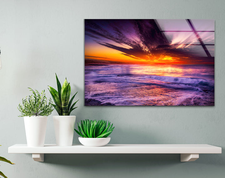 Vibrant Ocean Sunset Wall Art – Purple Sky & Waves Glass Print