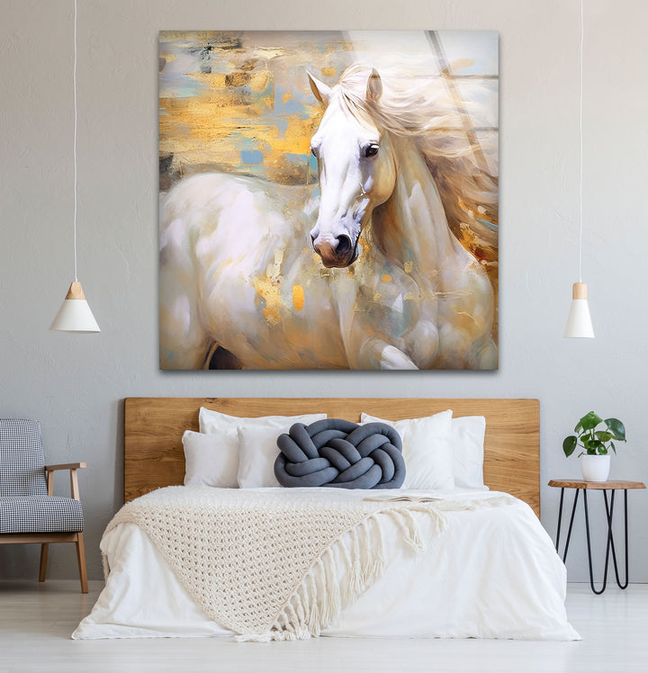 Majestic White Horse Wall Art – Abstract Glass Print for Modern Interiors