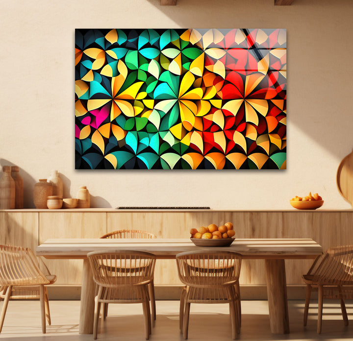Bunte geometrische Glaswandkunst – Lebendiges abstraktes 3D-Muster