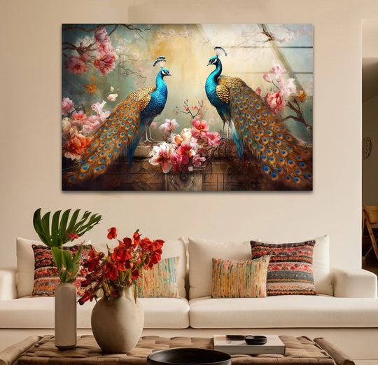 A horizontal tempered glass print wall art showcases two majestic peacocks amidst a floral arrangement, featuring a rectangular orientation and striking shape.