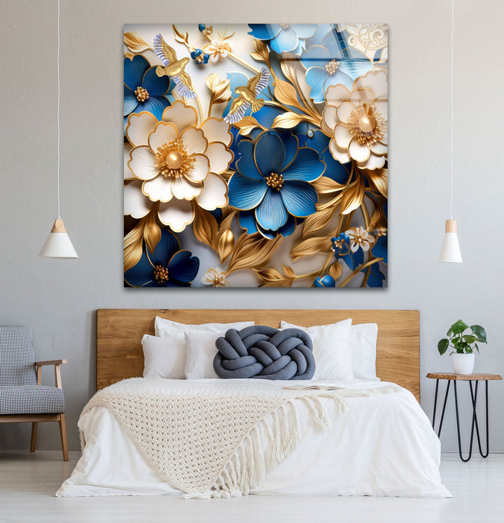 Elegante blau-goldene florale Wandkunst – 3D-Glasplatte für moderne Innenräume